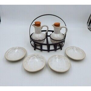 Pottery Barn Juliette Cruet Oil Vinegar 6 Piece Dipping Set Black Metal Holder